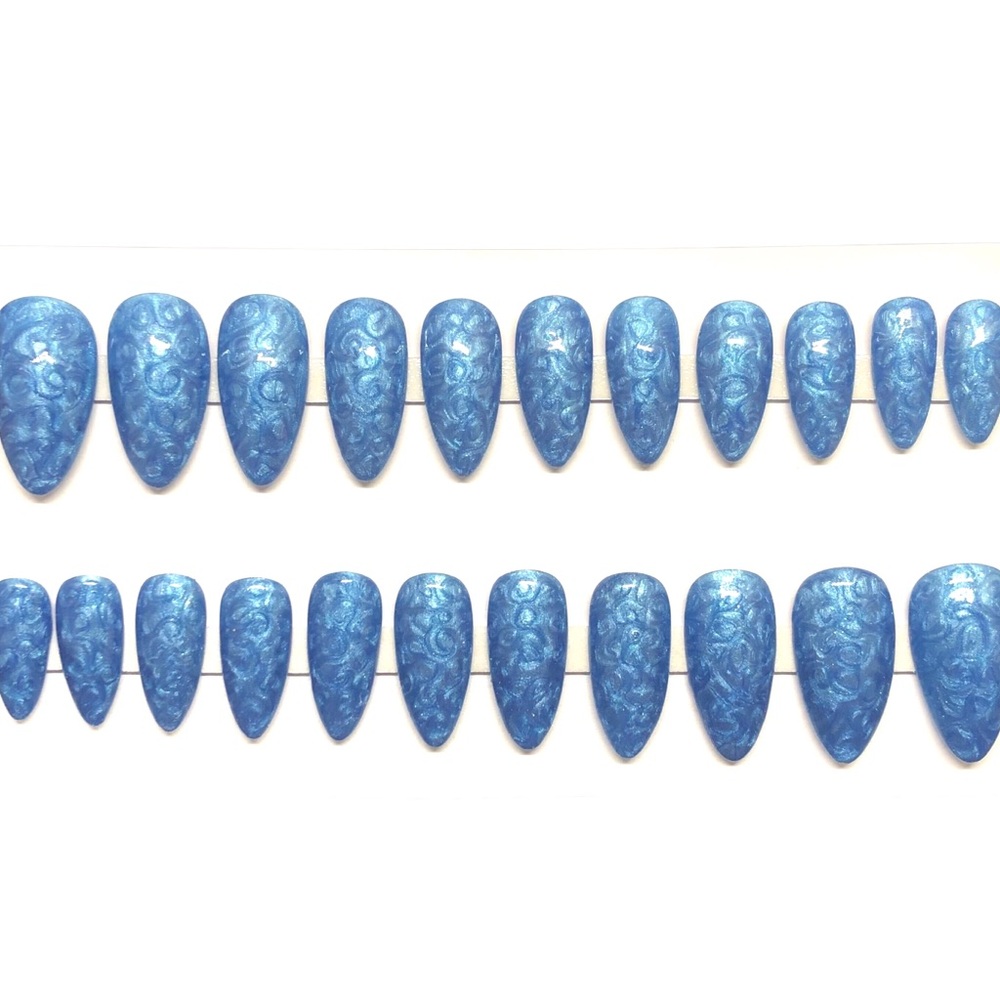 Handmade Custom Press On Nails Medium Long Almond Blue Pearl Thread False Nails